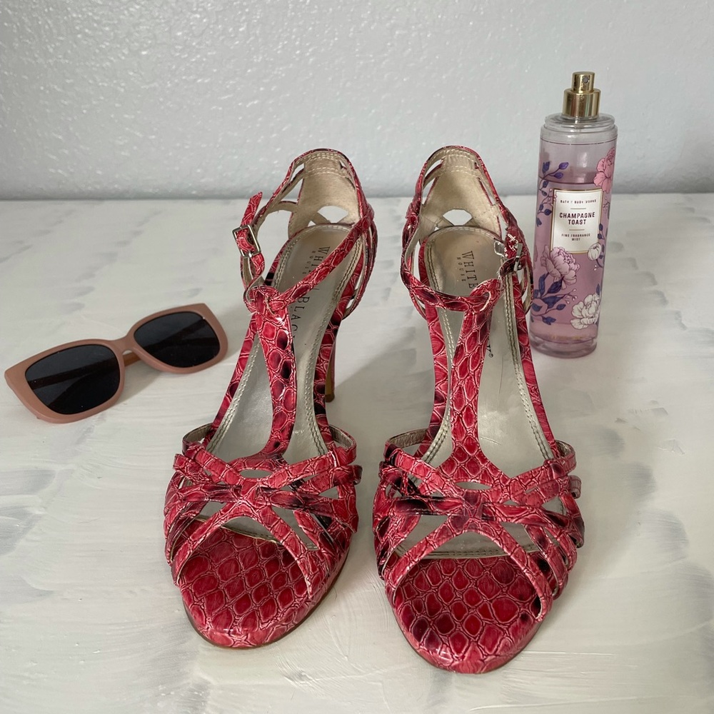 White House|Black Market snake skin pattern strappy high heels